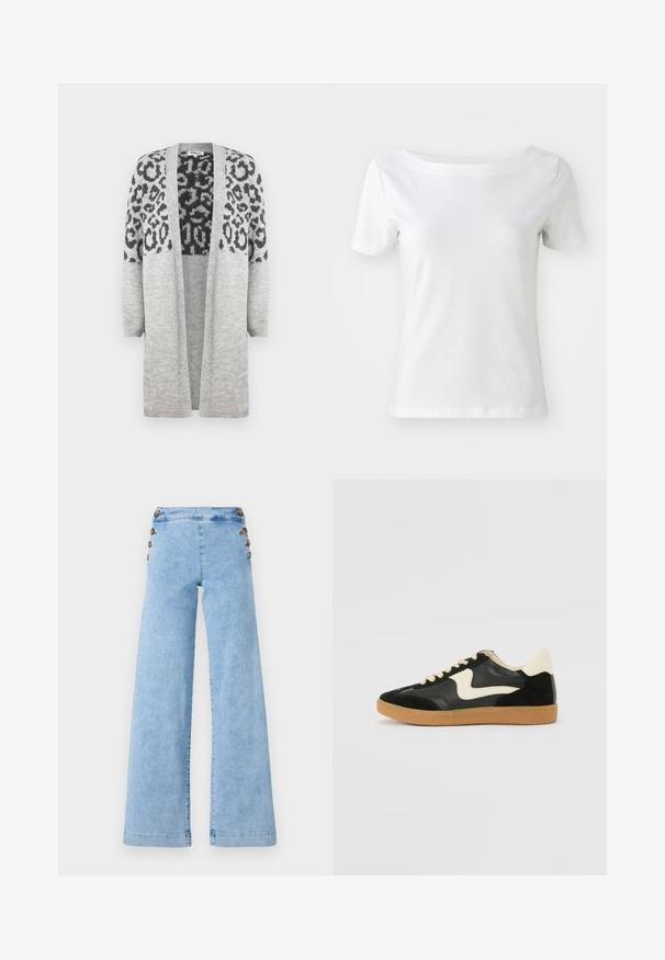 Hallikas kudumiga kardigan pikkade varrukatega ja avatud ees. Ülemises osas on must leopardimuster. Pehme tekstuur.; Valge lühikeste varrukatega t-särk, mis on valmistatud puuvillast, paadi kaelusega ja sileda tekstuuriga. Lihtne ja ilma kaunistusteta disain.; Heledsinine denim wide-leg teksad kõrge vöökoht, millel on metallnööpide detailid külgedel ja sujuv, kergelt kulunud tekstuur.; Must musta ja nahast sneakersid, millel on koorevärvi külgsuund ja hele koorik. Omab beeži paelu ja kummi kummist välistalla.