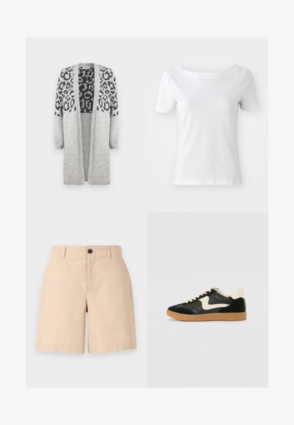 Šedý pletený kardigán s dlhými rukávmi a otvoreným predným dielom. Obsahuje čierny leopardí vzor na hornej časti. Mäkká textúra.; Biela krátkozrnná bavlnená tričko s lodičkovým výstrihom a hladkým povrchom. Jednoduchý a neozdobený dizajn.; Béžové bavlnené šortky s voľným strihom, s predným zapínaním na gombík, dvoma bočnými vreckami a prešitým lemom. Hladká textúra.; Čierne semišové a kožené tenisky s krémovým bočným prešívaním a svetlo krémovou pätou. Obsahujú béžové šnúrky a podošvu z gumeného kaučuku.