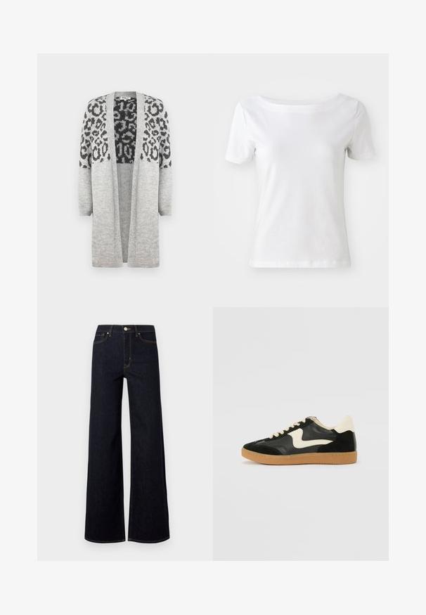 Cardigan gris de punto con mangas largas y frontales abiertos. Presenta un diseño de estampado de leopardo negro en la parte superior. Textura suave.; T-shirt blanca de manga corta hecha de algodón, con cuello barco y una textura suave. Diseño simple y sin adornos.; Pitillos de mezclilla anchos de color azul oscuro, con una cintura alta, costuras en contraste y un solo botón de metal en la parte frontal.; Zapatillas de deporte de ante y cuero negro con un swoosh lateral en crema y un talón en crema claro. Presenta cordones beige y una suela de goma marrón.