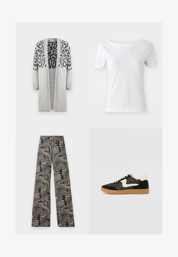 Szürke, kötött kardigán hosszú ujjakkal és nyitott elülső résszel. A felső részén fekete leopárd mintával díszített. Puha tapintású.; Fehér, rövid ujjú pamut póló, hajónyakú, sima textúrával. Egyszerű és díszítetlen dizájn.; Széles lábú nadrág egyszínű, örvénylő mintával. Az anyag könnyűnek tűnik, texturált felületű; magas, rugalmas derékpánttal rendelkezik.; Fekete velúr és bőr sneaker, krém színű oldalsó swoosh-sal és világos krém színű sarokkal. Beigézett fűzőkkel és gumi talppal rendelkezik.