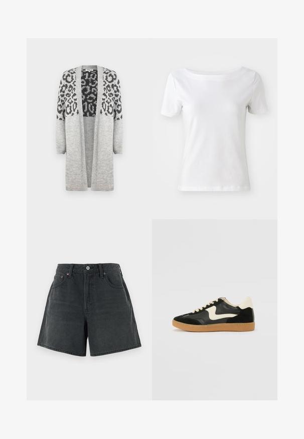 Hallikas kudumiga kardigan pikkade varrukatega ja avatud ees. Ülemises osas on must leopardimuster. Pehme tekstuur.; Valge lühikeste varrukatega t-särk, mis on valmistatud puuvillast, paadi kaelusega ja sileda tekstuuriga. Lihtne ja ilma kaunistusteta disain.; Tumedates teksaste shortsides, millel on kõrge vöökoht, klassikaline viie taskuga disain ja puhas, sirge lõige, millel on kerge kulumise tekstuur.; Must musta ja nahast sneakersid, millel on koorevärvi külgsuund ja hele koorik. Omab beeži paelu ja kummi kummist välistalla.