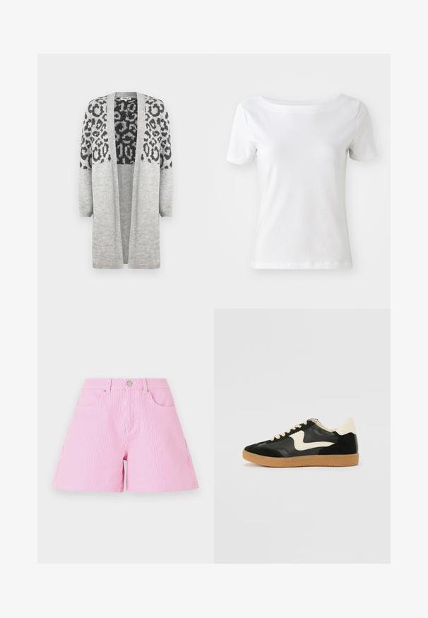 Grauer Strickcardigan mit langen Ärmeln und offenem Vorderteil. Verfügt über ein schwarzes Leopardenmuster im oberen Teil. Weiche Textur.; Weißes T-Shirt mit kurzen Ärmeln aus Baumwolle, mit einem Bootsausschnitt und einer glatten Textur. Einfaches und ungeschmücktes Design.; Rosa und weiße gestreifte Shorts mit Knopf- und Reißverschluss, ausgestattet mit Vorder-Taschen und einem entspannten Schnitt. Baumwollstoff, glatte Textur.; Schwarze Wildleder- und Leder-Sneaker mit einem cremefarbenen Seiten-Swoosh und einer hellcremefarbenen Ferse. Ausgestattet mit beige Schnürsenkeln und einer Gummilaufsohle.