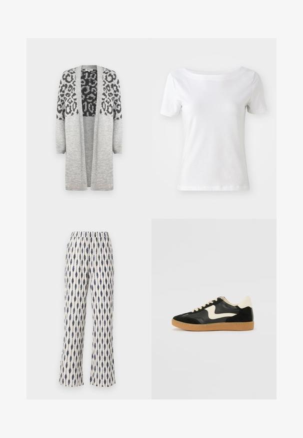 Grijze gebreide cardigan met lange mouwen en een open voorkant. Heeft een zwart luipaardprintontwerp op het bovenste gedeelte. Zachte textuur.; Witte korteblouse t-shirt van katoen met een bootnek en een gladde textuur. Eenvoudig en onopvallend ontwerp.; Wijd uitlopende broek in een crèmekleurige stof, met een herhalend marineblauw druppelpatroon. Elastische tailleband en een zachte textuur verhogen het comfort.; Zwarte suède en leren sneaker met een crèmekleurige zij-swoosh en lichte crèmekleurige hiel. Voorzien van beige veters en een gumrubberen zool.