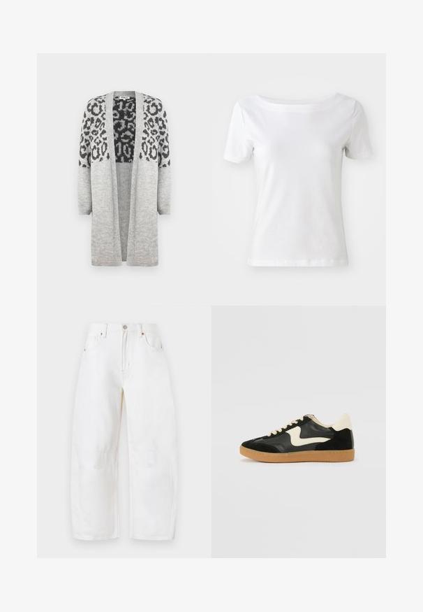 Pilkas megztinis su ilgomis rankovėmis ir atviru priekiu. Aukščiau puikuojasi juodas leopardų raštas. Minkšta tekstūra.; Balta trumpa rankovėmis marškinėliai iš medvilnės, su plačiu kaklu ir lygiu paviršiumi. Paprastas ir be puošmenų dizainas.; Baltos, platėjančios džinsinės kelnės su mygtuko uždarymu, penkiais kišeniais ir subtiliais siuvinėjimo elementais. Minkšta tekstūra ir laisvas dizainas. Nėra matomų dėvėjimo žymių.; Juodos zomšo ir odos sportinės bateliai su kreminiu šoniniu swoosh ir šviesiai kreminiu kulnu. Ypatybės - smėlio spalvos raišteliai ir guminis padas.