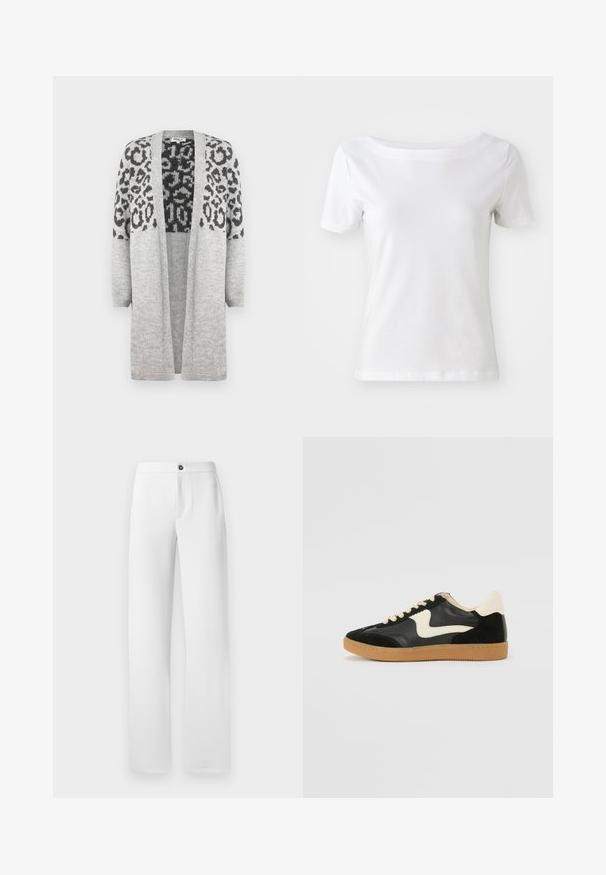 Siva pletena jopica z dolgimi rokavi in odprtim sprednjim delom. Ima črn leopardi vzorec na zgornjem delu. Mehka tekstura.; Bela majica s kratkimi rokavi iz bombaža z odprtim izrezom in gladko teksturo. Preprost in neokrašen dizajn.; Bele hlače iz gladkega materiala, z ravnim krojem, enim gumbom za zapiranje in stranskimi žepi. Preprost in čist videz.; Črne semiš in usnjene superge s kremasto stransko puščico in svetlo kremasto peto. Imajo bež čipke in gumijast podplat.