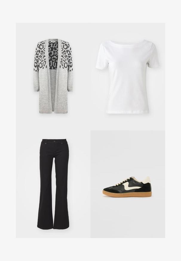 Cardigan en tricot gris avec des manches longues et un devant ouvert. Présente un motif léopard noir sur la partie supérieure. Texture douce.; T-shirt blanc à manches courtes en coton avec un col bateau et une texture lisse. Design simple et dépouillé.; Pantalons évasés noirs en coton avec une fermeture éclair et deux boutons, dotés de poches avant et d'une texture lisse. Design simple et polyvalent.; Baskets en daim et cuir noir avec un swoosh latéral crème et un talon crème clair. Dotées de lacets beige et d'une semelle en caoutchouc gomme.