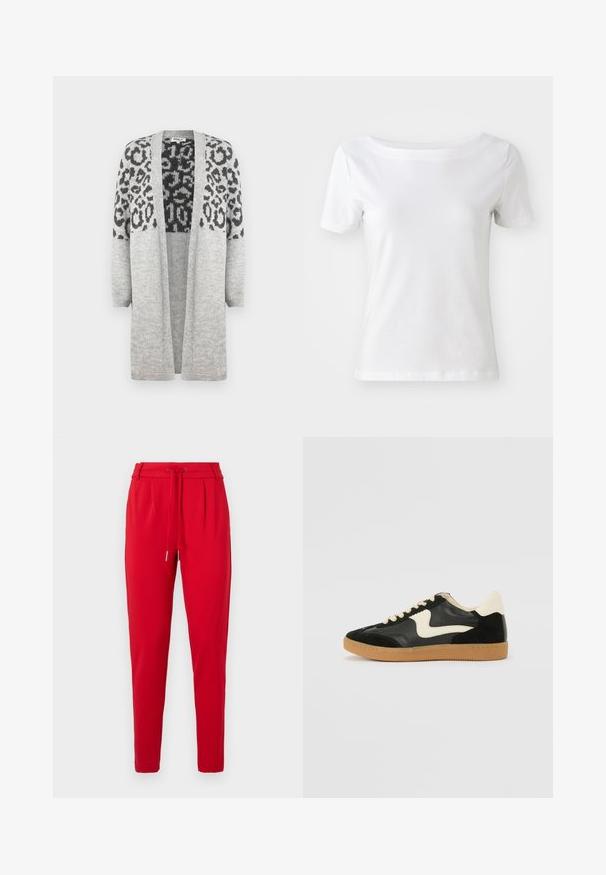 Cardigan en tricot gris avec des manches longues et un devant ouvert. Présente un motif léopard noir sur la partie supérieure. Texture douce.; T-shirt blanc à manches courtes en coton avec un col bateau et une texture lisse. Design simple et dépouillé.; Pantalons rouges fuselés avec une taille élastique à cordon et des plis à l'avant, présentés sur un fond blanc.; Baskets en daim et cuir noir avec un swoosh latéral crème et un talon crème clair. Dotées de lacets beige et d'une semelle en caoutchouc gomme.