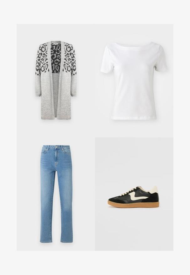 Γκρι πλεκτή ζακέτα με μακριά μανίκια και ανοιχτό μπροστινό μέρος. Διαθέτει σχέδιο μαύρης λεοπάρδας στο πάνω μέρος. Μαλακή υφή.; Λευκό κοντομάνικο μπλουζάκι φτιαγμένο από βαμβάκι με στρογγυλή λαιμόκοψη και απαλή υφή. Απλός και χωρίς στολίδια σχεδιασμός.; Ανοιχτό μπλε τζιν παντελόνι με ίσια γραμμή, πέντε τσέπες και φθαρμένη εμφάνιση. Διαθέτει μεταλλικό κουμπί και φερμουάρ στη μέση.; Μαύρο σουέτ και δερμάτινο παπούτσι αθλητικών με κρέμ πλευρική ρίγα και ανοιχτό κρέμ τακούνι. Διαθέτει μπεζ κορδόνια και σόλα από καουτσούκ.