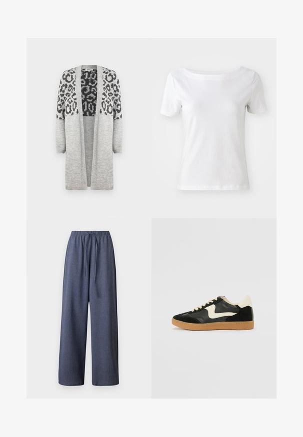 Cardigan en tricot gris avec des manches longues et un devant ouvert. Présente un motif léopard noir sur la partie supérieure. Texture douce.; T-shirt blanc à manches courtes en coton avec un col bateau et une texture lisse. Design simple et dépouillé.; Pantalons larges bleu marine, en tissu texturé, avec une taille élastique et un cordon de serrage ajustable. Pas de poches visibles.; Baskets en daim et cuir noir avec un swoosh latéral crème et un talon crème clair. Dotées de lacets beige et d'une semelle en caoutchouc gomme.
