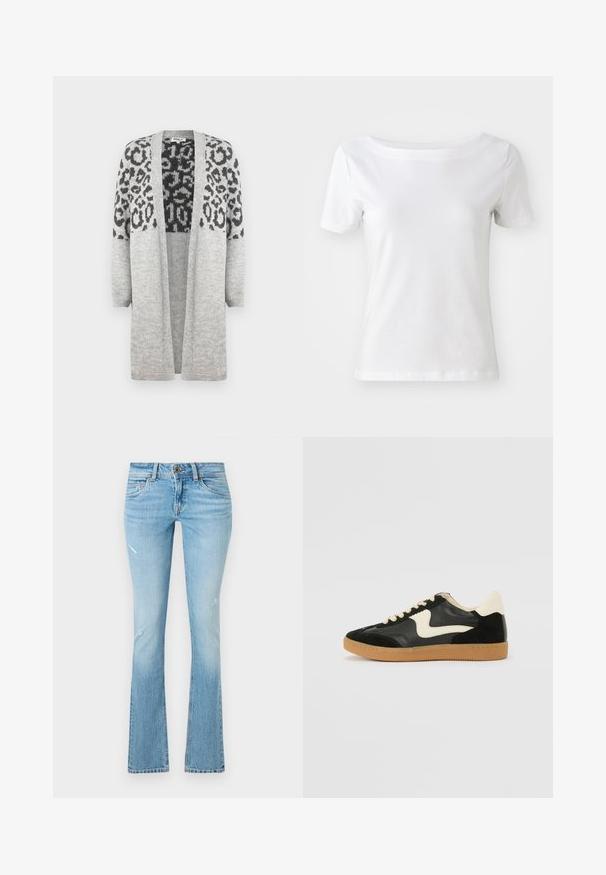Harmaa neulecardigan, jossa on pitkät hihat ja avoin etuosa. Yläosassa on musta leopardikuosisuunnittelu. Pehmeä rakenne.; Valkoinen lyhythihainen T-paita, joka on valmistettu puuvillasta, veneenauhalla ja sileällä tekstuurilla. Yksinkertainen ja koristamaton muotoilu.; Vaaleansinisiä farkkuja, joissa on levenevät lahkeet, hieman haalistuneita kohtia, kulutettu polvitieto, viisi taskua ja napin suljenta vyötäröllä.; Mustat mokka- ja nahkakengät, joissa on kermaisen valkoinen sivupainatus ja vaalea kermaisine kantapää. Varustettu beigeillä nauhoilla ja kumista valmistetulla ulkopohjalla.