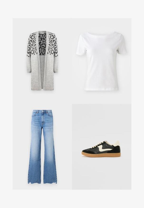 Pelēks adīts kardigans ar garām piedurknēm un atvērtu priekšpusi. Augšējā daļā ir melns leopards apdruka. Mīksta tekstūra.; Baltās īsām piedurknēm T-kreklu, kas izgatavots no kokvilnas, ar laivu formas kakla izgriezumu un gludu tekstūru. Vienkāršs un bez rotājumiem dizains.; Gai zila džinsa bikses ar platām kājām un augstu jostu, ar nolietotām detaļām un neapstrādātu malu. Iekļauj piecus kabatas un klasisku pogu aizdari.; Melna zamšāda un ādas sporta apavi ar krēmkrāsas sānu svītru un gaiši krēmkrāsas papēdi. Ar beigu krāsas auklām un gumijas zole.