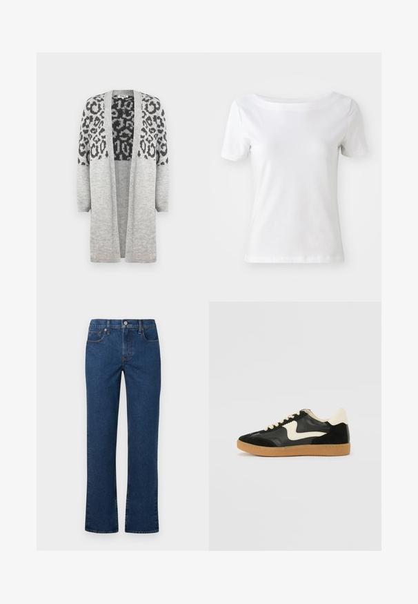 Sivi pleteni kardigan s dugim rukavima i otvorenim prednjim dijelom. Sadrži crni uzorak leoparda na gornjem dijelu. Mekana tekstura.; Bijela kratka majica s kratkim rukavima, izrađena od pamuka, s brodskim izrezom i glatkom teksturom. Jednostavan i neukrašen dizajn.; Tamno plave traperice ravnog kroja s zatvaranjem na gumb i patentni zatvarač, prednjim i novčanikom za džepove te petljama za remen, prikazane ravno na bijeloj pozadini.; Crna nubuk i kožna tenisica s kremastim bočnim swooshom i svijetlom kremastom petom. Sadrži bež vezice i gumu na potplatu.