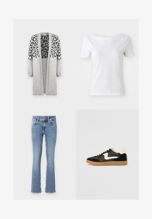 Pilkas megztinis su ilgomis rankovėmis ir atviru priekiu. Aukščiau puikuojasi juodas leopardų raštas. Minkšta tekstūra.; Balta trumpa rankovėmis marškinėliai iš medvilnės, su plačiu kaklu ir lygiu paviršiumi. Paprastas ir be puošmenų dizainas.; Mėlynos džinsinės kelnės su plačiais iškirpimais, vidutinio plovimo, su mygtukų užsegimu, penkiomis kišenėmis ir siūlėmis kišenėse bei apatine sijono dalyje.; Juodos zomšo ir odos sportinės bateliai su kreminiu šoniniu swoosh ir šviesiai kreminiu kulnu. Ypatybės - smėlio spalvos raišteliai ir guminis padas.