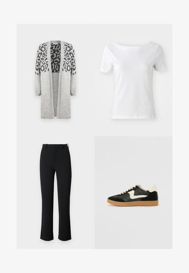Grijze gebreide cardigan met lange mouwen en een open voorkant. Heeft een zwart luipaardprintontwerp op het bovenste gedeelte. Zachte textuur.; Witte korteblouse t-shirt van katoen met een bootnek en een gladde textuur. Eenvoudig en onopvallend ontwerp.; Zwarte broek van een gladde, rekbare stof, met een aansluitende taille, riemlussen en licht uitlopende benen met zijsplits.; Zwarte suède en leren sneaker met een crèmekleurige zij-swoosh en lichte crèmekleurige hiel. Voorzien van beige veters en een gumrubberen zool.