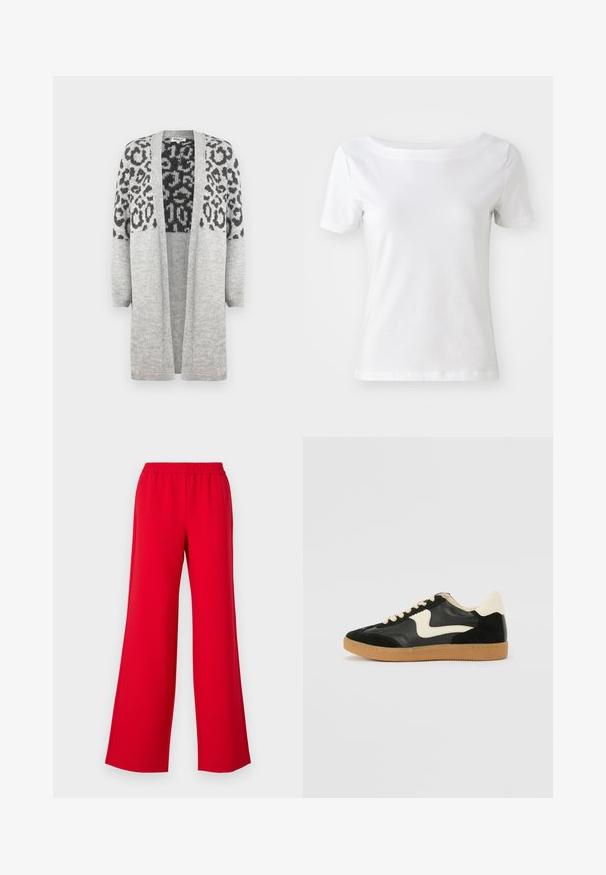 Šedý pletený kardigán s dlhými rukávmi a otvoreným predným dielom. Obsahuje čierny leopardí vzor na hornej časti. Mäkká textúra.; Biela krátkozrnná bavlnená tričko s lodičkovým výstrihom a hladkým povrchom. Jednoduchý a neozdobený dizajn.; Červené široké nohavice s elastickým pásom, vyrobené z hladkého, ľahkého materiálu. Dizajn neobsahuje žiadne viditeľné kovania ani vzory.; Čierne semišové a kožené tenisky s krémovým bočným prešívaním a svetlo krémovou pätou. Obsahujú béžové šnúrky a podošvu z gumeného kaučuku.