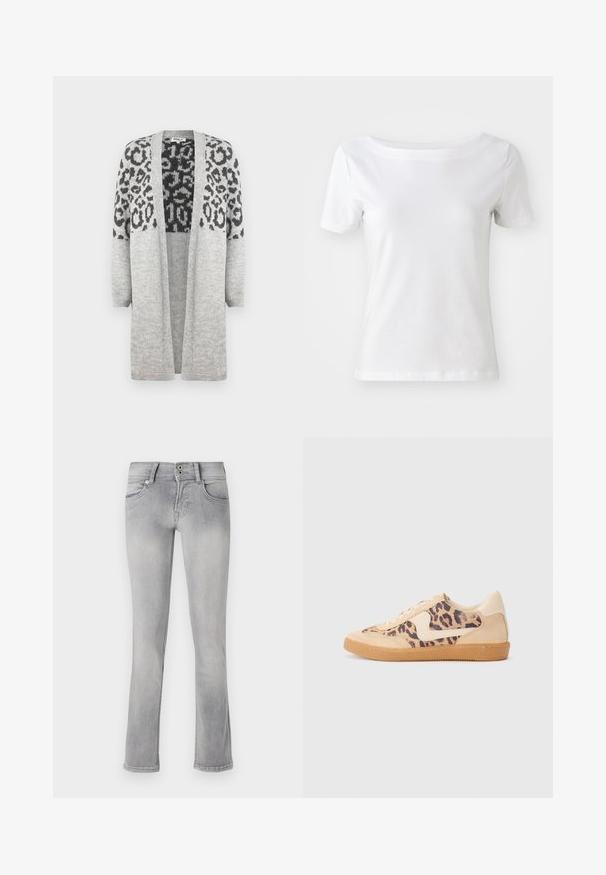 Cardigan gris de punto con mangas largas y frontales abiertos. Presenta un diseño de estampado de leopardo negro en la parte superior. Textura suave.; T-shirt blanca de manga corta hecha de algodón, con cuello barco y una textura suave. Diseño simple y sin adornos.; Jeans de denim gris con un diseño ajustado, ligero acampanado en el dobladillo, dos bolsillos frontales y cierre de botón. Textura deslavada en todo su recorrido.; Zapatillas de leopardo con parte superior de ante beige, suela de goma marrón y acentos blancos. Punta redonda y diseño con cordones con un acabado texturado.