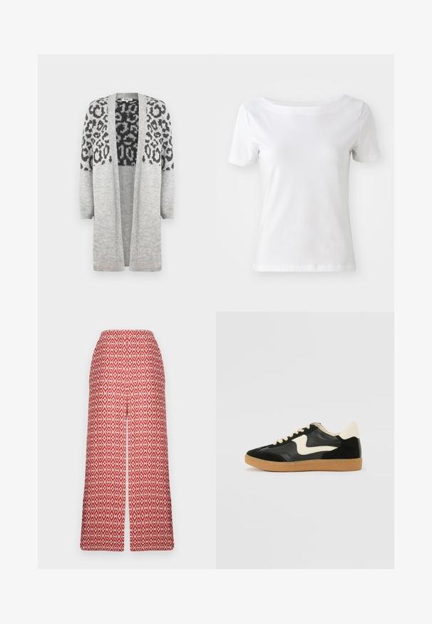 Pelēks adīts kardigans ar garām piedurknēm un atvērtu priekšpusi. Augšējā daļā ir melns leopards apdruka. Mīksta tekstūra.; Baltās īsām piedurknēm T-kreklu, kas izgatavots no kokvilnas, ar laivu formas kakla izgriezumu un gludu tekstūru. Vienkāršs un bez rotājumiem dizains.; Sarkani rakstaini kuloti ar dimanta dizainu, elastīgu jostasvietu un platu kāju siluetu komfortam un ērtai kustībai.; Melna zamšāda un ādas sporta apavi ar krēmkrāsas sānu svītru un gaiši krēmkrāsas papēdi. Ar beigu krāsas auklām un gumijas zole.