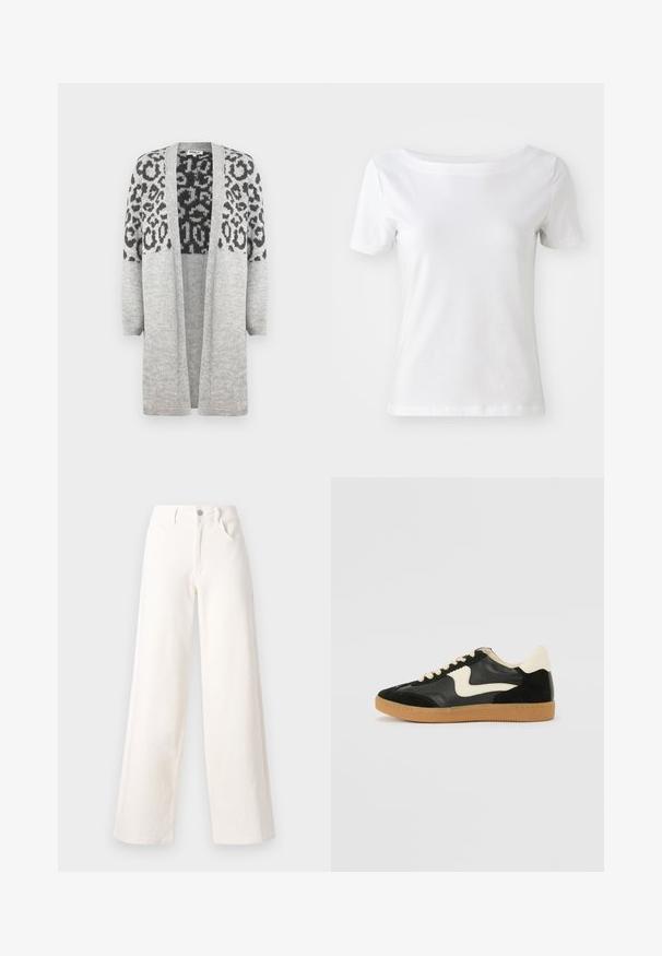 Cardigan en tricot gris avec des manches longues et un devant ouvert. Présente un motif léopard noir sur la partie supérieure. Texture douce.; T-shirt blanc à manches courtes en coton avec un col bateau et une texture lisse. Design simple et dépouillé.; Jean large en denim blanc cassé, avec une fermeture à bouton à l'avant, deux poches latérales et des lignes épurées sans embellissements.; Baskets en daim et cuir noir avec un swoosh latéral crème et un talon crème clair. Dotées de lacets beige et d'une semelle en caoutchouc gomme.