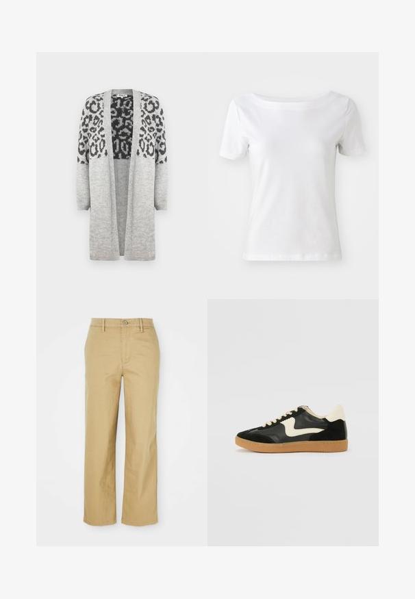 Szary sweter dzianinowy z długimi rękawami i otwartym przodem. Posiada czarny wzór w panterę na górnej części. Miękka faktura.; Biała koszulka z krótkim rękawem, wykonana z bawełny, z okrągłym dekoltem i gładką fakturą. Prosty i niezbyt zdobny design.; Beżowe bawełniane spodnie o prostym kroju. Posiadają zapięcie na guzik, szlufki na pasek oraz kieszenie z przodu, lekką teksturę.; Czarne zamszowe i skórzane sneakersy z kremowym boku i jasnokremowym piętą. Posiada beżowe sznurowadła i gumową podeszwę.