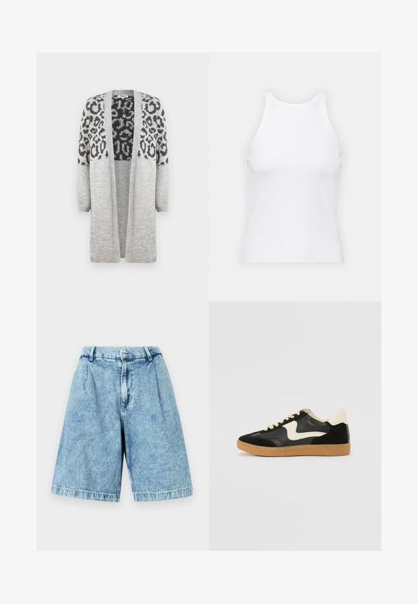 Cardigan gri din tricot, cu mâneci lungi și deschidere frontală. Prezintă un model cu imprimeu de leopard negru în partea superioară. Textură moale.; Top alb fără mâneci, confecționat din material ribbed, prezentând un decolteu rotund și o siluetă ajustată, cu cusături minime și fără ornamente.; Shorts din denim albastru deschis cu o croială relaxată, având un fermoar frontal, bucle pentru curea și o textură ușor decolorată. Marginile tivite completează designul.; Tenisi din suede și piele negri cu un swoosh lateral de culoare crem și călcâi de un crem deschis. Prezintă șireturi bej și o talpă din rubber de tip gum.