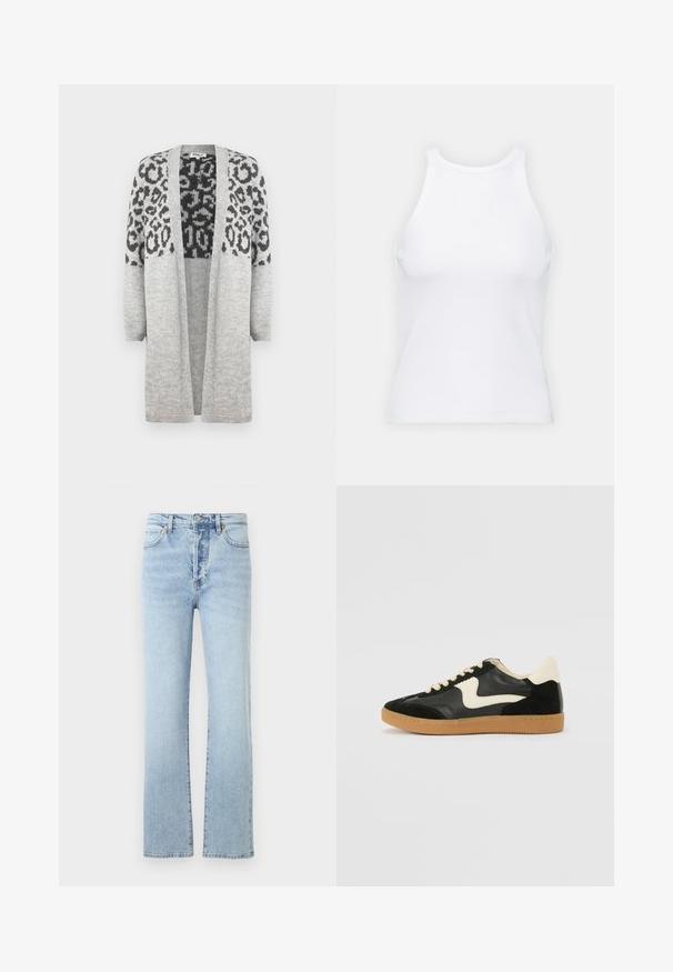 Cardigan gris de punto con mangas largas y frontales abiertos. Presenta un diseño de estampado de leopardo negro en la parte superior. Textura suave.; Top de tirantes blanco sin mangas hecho de tela acanalada, con un escote redondeado y una silueta ajustada, con costuras mínimas y sin adornos.; Vaqueros de mezclilla de color azul claro con un diseño de pierna recta, que presentan una cintura alta, un estilo clásico de cinco bolsillos y un sutil desvanecimiento.; Zapatillas de deporte de ante y cuero negro con un swoosh lateral en crema y un talón en crema claro. Presenta cordones beige y una suela de goma marrón.