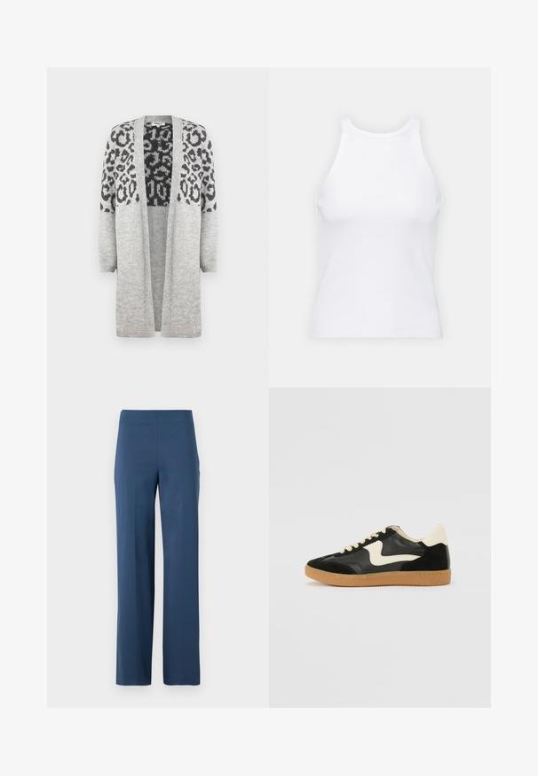 Grå strikket cardigan med lange ærmer og åben front. Har et sort leopardprintdesign på den øvre del. Blød tekstur.; Hvid ærmeløs tanktop lavet af ribbet stof, med en rund halsudskæring og en tætsiddende silhuet, med minimale sømme og ingen pynt.; Mørkeblå, vidde bukser lavet af blødt, strækbart stof. Har høj talje og et rent, udekoreret design uden lommer.; Sorte ruskinds- og lædersneakers med en cremefarvet side-swoosh og lys cremefarvet hæl. Har beige snørebånd og en gummirubber-sål.