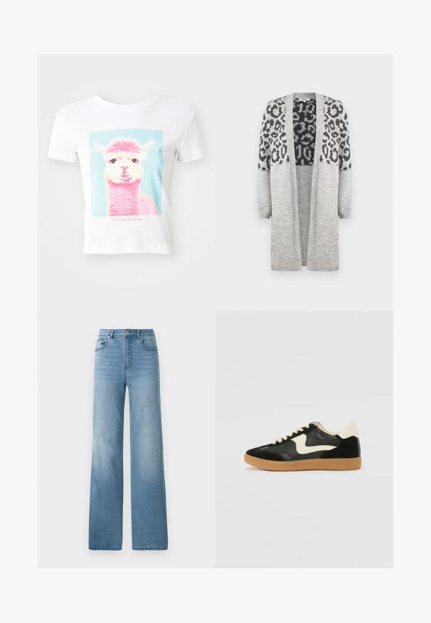 Cardigan gri din tricot, cu mâneci lungi și deschidere frontală. Prezintă un model cu imprimeu de leopard negru în partea superioară. Textură moale.; Un tricou alb cu un grafic care prezintă fața unei lama roz și albă, împreună cu textul "Această lama nu vrea drama ta" dedesubt.; Jeans decolorare deschisă, cu talie înaltă, cu un design drept. Confeționate din denim, cu cinci buzunare și închidere cu nasturi.; Tenisi din suede și piele negri cu un swoosh lateral de culoare crem și călcâi de un crem deschis. Prezintă șireturi bej și o talpă din rubber de tip gum.