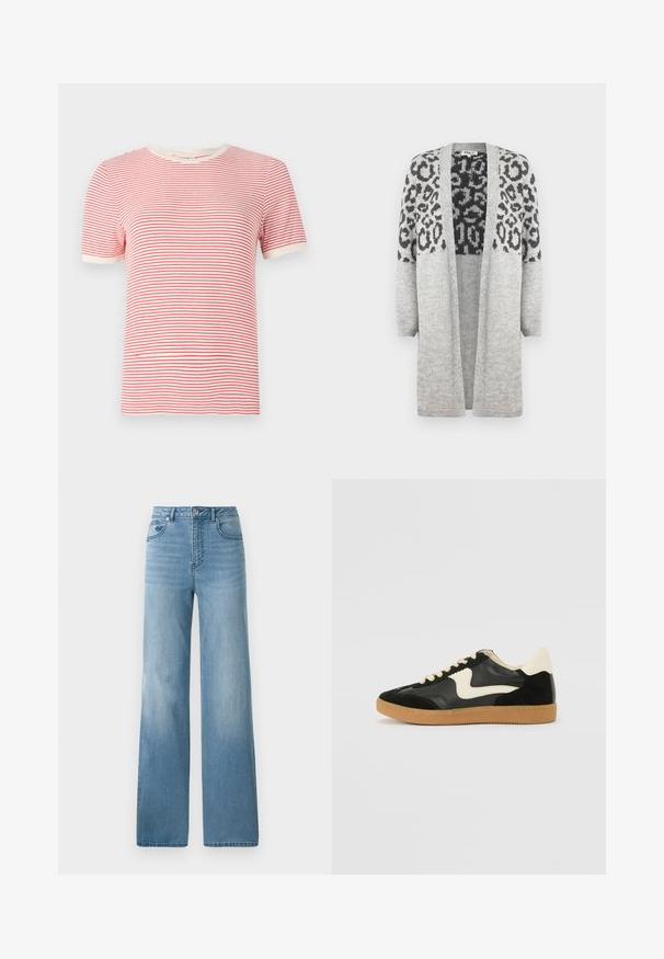 Szürke, kötött kardigán hosszú ujjakkal és nyitott elülső résszel. A felső részén fekete leopárd mintával díszített. Puha tapintású.; Piros-fehér csíkos póló, rövid ujjú, kerek nyakú, pamut keverék anyag, könnyű textúra, kontrasztos bordázott szélek.; Világoskék, magas derekú farmernadrág egyenes szabással. Denim anyagból készült, öt zsebbel és gombos záródással.; Fekete velúr és bőr sneaker, krém színű oldalsó swoosh-sal és világos krém színű sarokkal. Beigézett fűzőkkel és gumi talppal rendelkezik.