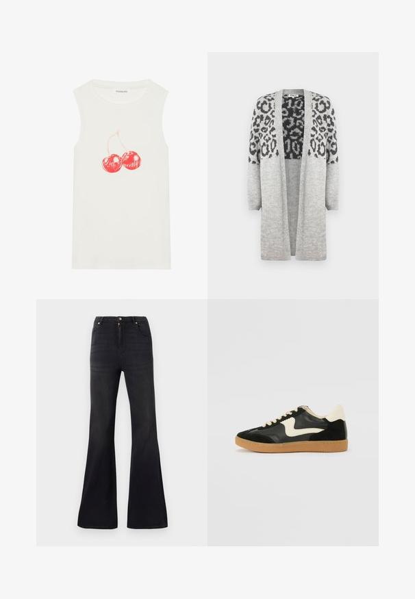 Sivi pleteni kardigan s dugim rukavima i otvorenim prednjim dijelom. Sadrži crni uzorak leoparda na gornjem dijelu. Mekana tekstura.; Bijela majica bez rukava od pamuka s rebrastom teksturom, koja ima grafiku crvene trešnje s natpisom "Ljubav Slatka."; Crne traperice visokog struka s proširenim nogavicama, zatvaranje sprijeda na dugme i patentni zatvarač te stil s pet džepova.; Crna nubuk i kožna tenisica s kremastim bočnim swooshom i svijetlom kremastom petom. Sadrži bež vezice i gumu na potplatu.