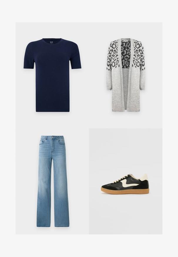 Pelēks adīts kardigans ar garām piedurknēm un atvērtu priekšpusi. Augšējā daļā ir melns leopards apdruka. Mīksta tekstūra.; Tums zils, īsām piedurknēm, apļa kakla T-krekls, izgatavots no mīkstas kokvilnas auduma. Iespējo regulāru piegriezumu ar taisnām apakšmalām ērta dizaina nodrošināšanai.; Gaiši zili augstās jostas bikses ar taisnu kāju dizainu. Izgatavotas no denima, ar piecām kabatām un pogu aizdari.; Melna zamšāda un ādas sporta apavi ar krēmkrāsas sānu svītru un gaiši krēmkrāsas papēdi. Ar beigu krāsas auklām un gumijas zole.