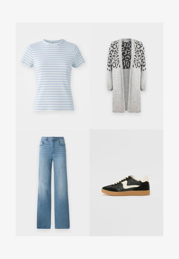 Pelēks adīts kardigans ar garām piedurknēm un atvērtu priekšpusi. Augšējā daļā ir melns leopards apdruka. Mīksta tekstūra.; Gaiši zils īss piedurknes T-krekls ar horizontālām baltām svītrām, ribota tekstūra un apaļu dekoltē. Piemērots ikdienas valkāšanai.; Gaiši zili augstās jostas bikses ar taisnu kāju dizainu. Izgatavotas no denima, ar piecām kabatām un pogu aizdari.; Melna zamšāda un ādas sporta apavi ar krēmkrāsas sānu svītru un gaiši krēmkrāsas papēdi. Ar beigu krāsas auklām un gumijas zole.