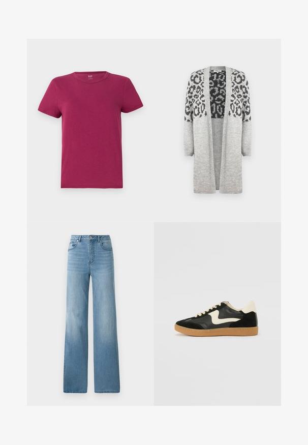 Szürke, kötött kardigán hosszú ujjakkal és nyitott elülső résszel. A felső részén fekete leopárd mintával díszített. Puha tapintású.; Rövidujjú póló mély magentaszínben, pamut anyagból, kerek nyakkivágással, normál fazonban, letisztult, minimalista dizájnnal, látható minták vagy díszítések nélkül.; Világoskék, magas derekú farmernadrág egyenes szabással. Denim anyagból készült, öt zsebbel és gombos záródással.; Fekete velúr és bőr sneaker, krém színű oldalsó swoosh-sal és világos krém színű sarokkal. Beigézett fűzőkkel és gumi talppal rendelkezik.