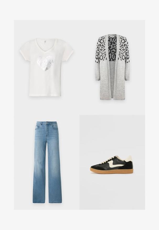 Gray knitted cardigan with long sleeves and an open front. Features a black leopard print design on the upper part. Soft texture.; White T-shirt with a V-neck, featuring a silver zebra-pattern heart design at the center. Short sleeves, soft cotton material.; Light blue high-waisted jeans with a straight-leg design. Crafted from denim, featuring five pockets and a button-fly closure.; Black suede and leather sneaker with a cream side swoosh and light cream heel. Features beige laces and a gum rubber outsole.