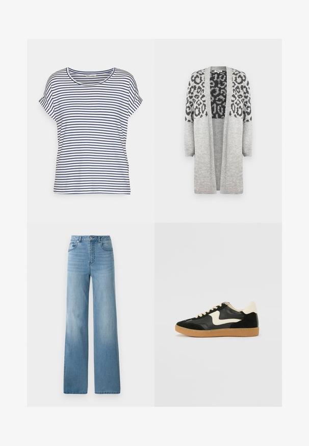 Grauer Strickcardigan mit langen Ärmeln und offenem Vorderteil. Verfügt über ein schwarzes Leopardenmuster im oberen Teil. Weiche Textur.; Gestreiftes T-Shirt mit kurzen Ärmeln in Weiß und Marineblau, mit rundem Halsausschnitt und lockerer Passform, aus weichem Baumwollstoff.; Helleblaue hochtaillierte Jeans mit geradem Bein. Aus Denim gefertigt, mit fünf Taschen und einem Knopfverschluss.; Schwarze Wildleder- und Leder-Sneaker mit einem cremefarbenen Seiten-Swoosh und einer hellcremefarbenen Ferse. Ausgestattet mit beige Schnürsenkeln und einer Gummilaufsohle.