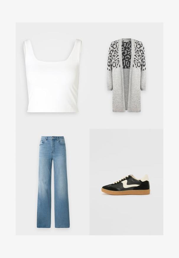 Grå strikket cardigan med lange ærmer og åben front. Har et sort leopardprintdesign på den øvre del. Blød tekstur.; GAP COMPACT BRAMI - Top - new off white; Lyseblå højtaljede jeans med lige ben. Fremstillet af denim, med fem lommer og knaplukning.; Sorte ruskinds- og lædersneakers med en cremefarvet side-swoosh og lys cremefarvet hæl. Har beige snørebånd og en gummirubber-sål.