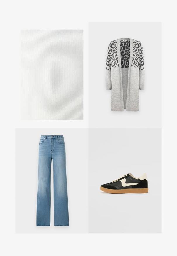 Szary sweter dzianinowy z długimi rękawami i otwartym przodem. Posiada czarny wzór w panterę na górnej części. Miękka faktura.; Biała żeberkowana tkanina o miękkiej teksturze, z pionowymi liniami i gładkim wykończeniem. Nadaje się do różnych zastosowań odzieżowych.; Jasnoniebieskie dżinsy z wysokim stanem i prostą nogawką. Wykonane z denimu, z pięcioma kieszeniami i zapięciem na guziki.; Czarne zamszowe i skórzane sneakersy z kremowym boku i jasnokremowym piętą. Posiada beżowe sznurowadła i gumową podeszwę.