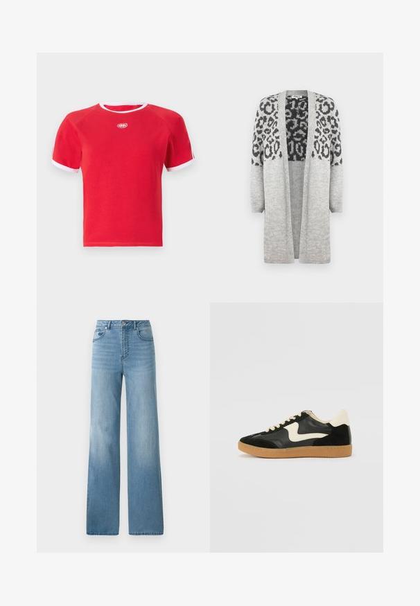 Grå strikket cardigan med lange ærmer og åben front. Har et sort leopardprintdesign på den øvre del. Blød tekstur.; Rød bomuld t-shirt med hvid kant ved kraven og ærmerne. Har en rund hals og et logo i midten. Design med korte ærmer.; Lyseblå højtaljede jeans med lige ben. Fremstillet af denim, med fem lommer og knaplukning.; Sorte ruskinds- og lædersneakers med en cremefarvet side-swoosh og lys cremefarvet hæl. Har beige snørebånd og en gummirubber-sål.
