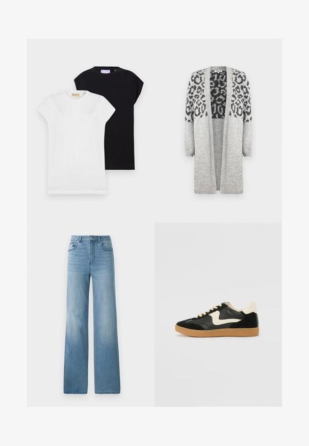 Gray knitted cardigan with long sleeves and an open front. Features a black leopard print design on the upper part. Soft texture.; Two short-sleeve t-shirts, one white and one black, both in soft cotton fabric, featuring a crew neckline and a relaxed fit.; Light blue high-waisted jeans with a straight-leg design. Crafted from denim, featuring five pockets and a button-fly closure.; Black suede and leather sneaker with a cream side swoosh and light cream heel. Features beige laces and a gum rubber outsole.