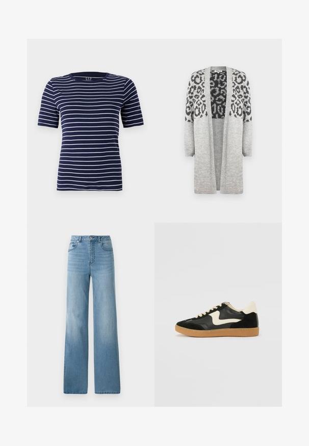 Szürke, kötött kardigán hosszú ujjakkal és nyitott elülső résszel. A felső részén fekete leopárd mintával díszített. Puha tapintású.; Sötétkék póló vízszintes fehér csíkokkal, rövid ujjakkal és kerek nyakkivágással. Puha, rugalmas anyagból készült.; Világoskék, magas derekú farmernadrág egyenes szabással. Denim anyagból készült, öt zsebbel és gombos záródással.; Fekete velúr és bőr sneaker, krém színű oldalsó swoosh-sal és világos krém színű sarokkal. Beigézett fűzőkkel és gumi talppal rendelkezik.