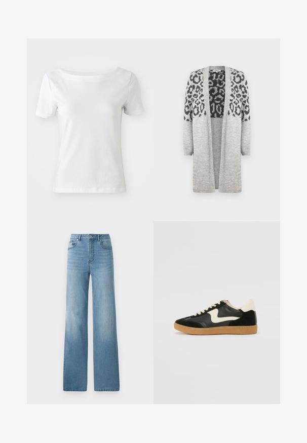 Šedý pletený kardigan s dlouhými rukávy a otevřeným předním zapínáním. Vyznačuje se černým leopardím vzorem na horní části. Měkká textura.; Bílý krátký rukáv tričko vyrobené z bavlny s lodičkovým výstřihem a hladkým povrchem. Jednoduchý a nezdobený design.; Světlé modré džíny s vysokým pasem a rovnými nohavicemi. Vyrobené z denimu, s pěti kapsami a zapínáním na knoflíky.; Černé semišové a kožené tenisky s krémovým postranním swooshem a světlým krémovým podpatkem. Mají béžové tkaničky a podešev z gumové pryže.