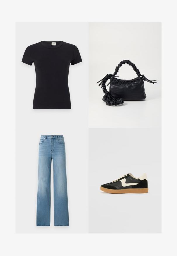 Pelēks adīts kardigans ar garām piedurknēm un atvērtu priekšpusi. Augšējā daļā ir melns leopards apdruka. Mīksta tekstūra.; Melnas īsām piedurknēm T-krekls, izgatavots no mīksta, elastīga auduma, ar klasisku apaļu kakla izgriezumu un pieguļošu siluetu, piemērots gan slāņošanai, gan ikdienas valkāšanai.; Gaiši zili augstās jostas bikses ar taisnu kāju dizainu. Izgatavotas no denima, ar piecām kabatām un pogu aizdari.; Melna zamšāda un ādas sporta apavi ar krēmkrāsas sānu svītru un gaiši krēmkrāsas papēdi. Ar beigu krāsas auklām un gumijas zole.; Melnā mākslīgās ādas rokassoma ar krokodila rakstu, savilkta augšdaļa un saburzīta siksna. Izskatās mīksta un kompakta pēc dizaina.