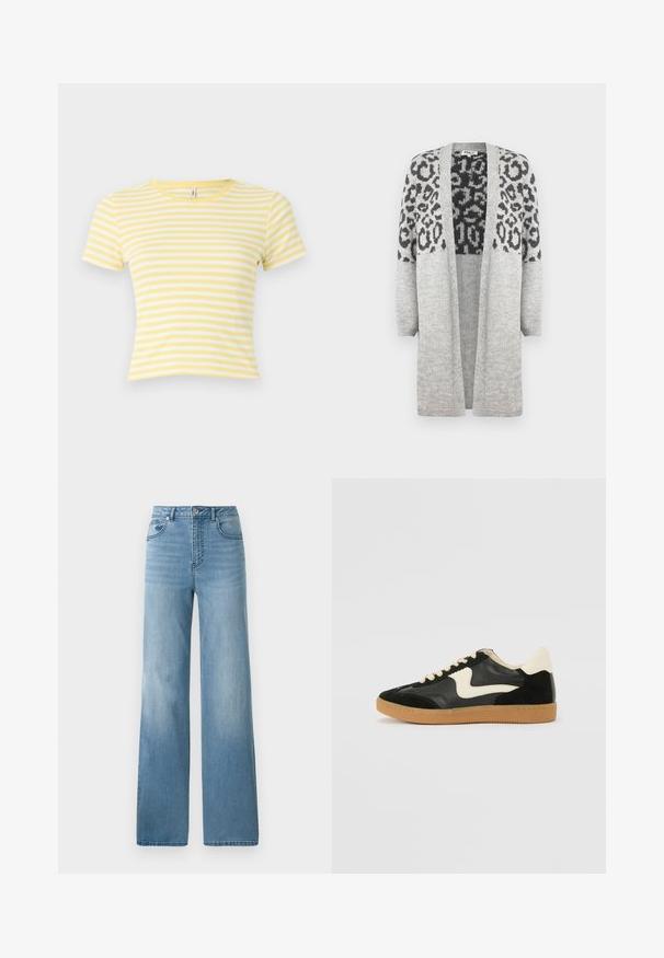Cardigan gri din tricot, cu mâneci lungi și deschidere frontală. Prezintă un model cu imprimeu de leopard negru în partea superioară. Textură moale.; Tricou cu mânecă scurtă, în dungi galbene și albe, cu guler rotund, confecționat dintr-un material de bumbac moale, având un design scurt.; Jeans decolorare deschisă, cu talie înaltă, cu un design drept. Confeționate din denim, cu cinci buzunare și închidere cu nasturi.; Tenisi din suede și piele negri cu un swoosh lateral de culoare crem și călcâi de un crem deschis. Prezintă șireturi bej și o talpă din rubber de tip gum.