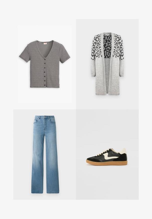 Grauer Strickcardigan mit langen Ärmeln und offenem Vorderteil. Verfügt über ein schwarzes Leopardenmuster im oberen Teil. Weiche Textur.; Schwarz-weiß gestreiftes kurzärmliges Hemd mit Knöpfen und V-Ausschnitt aus strukturiertem Stoff. Verfügt über mehrere Knöpfe auf der Vorderseite.; Helleblaue hochtaillierte Jeans mit geradem Bein. Aus Denim gefertigt, mit fünf Taschen und einem Knopfverschluss.; Schwarze Wildleder- und Leder-Sneaker mit einem cremefarbenen Seiten-Swoosh und einer hellcremefarbenen Ferse. Ausgestattet mit beige Schnürsenkeln und einer Gummilaufsohle.