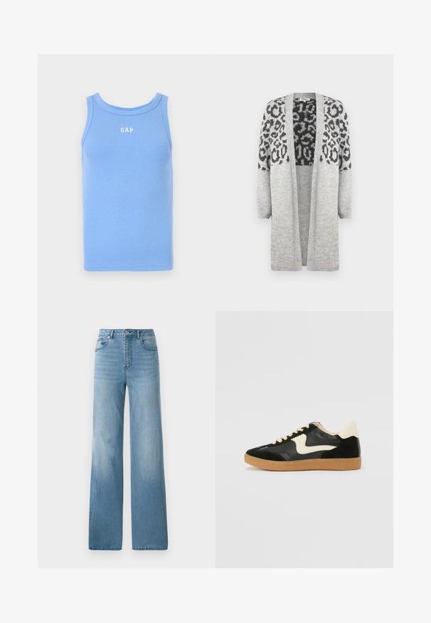Gray knitted cardigan with long sleeves and an open front. Features a black leopard print design on the upper part. Soft texture.; Light blue ribbed tank top with a rounded neckline, featuring white "GAP" logo on the chest. Soft fabric, sleeveless design.; Light blue high-waisted jeans with a straight-leg design. Crafted from denim, featuring five pockets and a button-fly closure.; Black suede and leather sneaker with a cream side swoosh and light cream heel. Features beige laces and a gum rubber outsole.