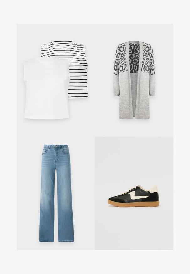 Siva pletena jopica z dolgimi rokavi in odprtim sprednjim delom. Ima črn leopardi vzorec na zgornjem delu. Mehka tekstura.; Dve brezrokavne majice: ena enobarvna bela, druga z vodoravnimi črnimi črtami na beli podlagi. Mehka tkanina, okrogli izrez.; Svjetloplave traperice visokog struka sa ravnim krojem. Izrađene od denima, s pet džepova i zatvaranjem na dugme.; Črne semiš in usnjene superge s kremasto stransko puščico in svetlo kremasto peto. Imajo bež čipke in gumijast podplat.