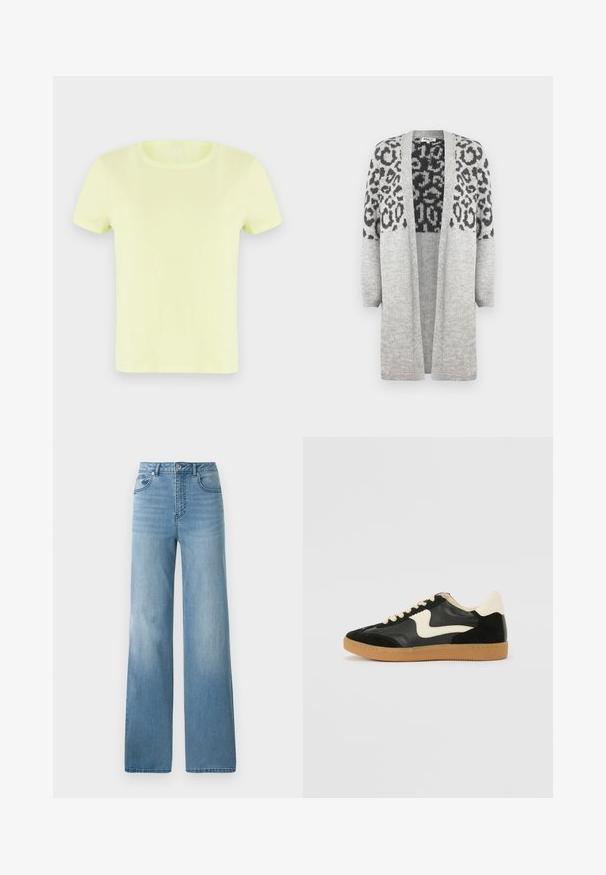 Szürke, kötött kardigán hosszú ujjakkal és nyitott elülső résszel. A felső részén fekete leopárd mintával díszített. Puha tapintású.; Neon sárga, rövid ujjú póló, pamutból készült. Klasszikus, kerek nyakkivágással és sima, könnyű textúrával rendelkezik.; Világoskék, magas derekú farmernadrág egyenes szabással. Denim anyagból készült, öt zsebbel és gombos záródással.; Fekete velúr és bőr sneaker, krém színű oldalsó swoosh-sal és világos krém színű sarokkal. Beigézett fűzőkkel és gumi talppal rendelkezik.