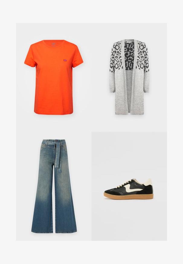 Szürke, kötött kardigán hosszú ujjakkal és nyitott elülső résszel. A felső részén fekete leopárd mintával díszített. Puha tapintású.; Levi's® Nyomott mintás póló - orange; Bőszárú farmernadrág, világos és sötétkék árnyalatokkal, magas derekú, övgyűrűkkel és a nadrággal megegyező anyagú övvel. Textúrált farmer kivitel.; Fekete velúr és bőr sneaker, krém színű oldalsó swoosh-sal és világos krém színű sarokkal. Beigézett fűzőkkel és gumi talppal rendelkezik.