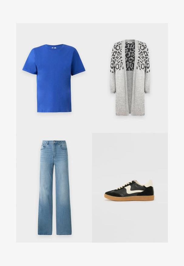 Siva pletena jopica z dolgimi rokavi in odprtim sprednjim delom. Ima črn leopardi vzorec na zgornjem delu. Mehka tekstura.; Majica s kratkimi rokavi v svetlo modri barvi iz bombaža, s krožnim izrezom in gladko teksturo brez vidnih vzorcev ali dodatkov.; Svjetloplave traperice visokog struka sa ravnim krojem. Izrađene od denima, s pet džepova i zatvaranjem na dugme.; Črne semiš in usnjene superge s kremasto stransko puščico in svetlo kremasto peto. Imajo bež čipke in gumijast podplat.