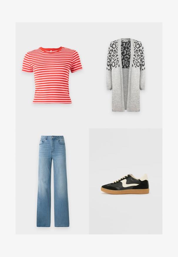 Gray knitted cardigan with long sleeves and an open front. Features a black leopard print design on the upper part. Soft texture.; Red and pink striped t-shirt with short sleeves, round neck, and a fitted silhouette. Cotton blend fabric with a smooth texture.; Light blue high-waisted jeans with a straight-leg design. Crafted from denim, featuring five pockets and a button-fly closure.; Black suede and leather sneaker with a cream side swoosh and light cream heel. Features beige laces and a gum rubber outsole.