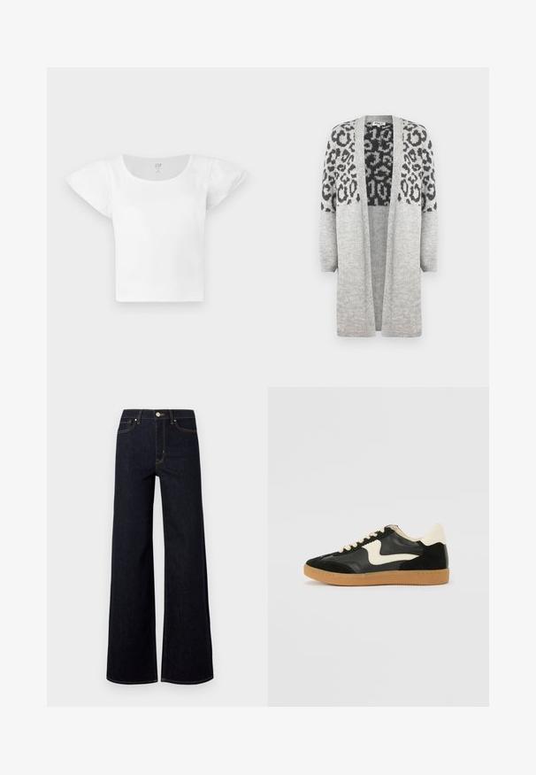 Cardigan en tricot gris avec des manches longues et un devant ouvert. Présente un motif léopard noir sur la partie supérieure. Texture douce.; Haut court à manches courtes blanc avec épaules bouffantes et col rond, en tissu côtelé, de GAP en taille moyenne.; Jeans large en denim bleu foncé, avec une taille haute, des coutures contrastées et un unique bouton métallique à l'avant.; Baskets en daim et cuir noir avec un swoosh latéral crème et un talon crème clair. Dotées de lacets beige et d'une semelle en caoutchouc gomme.